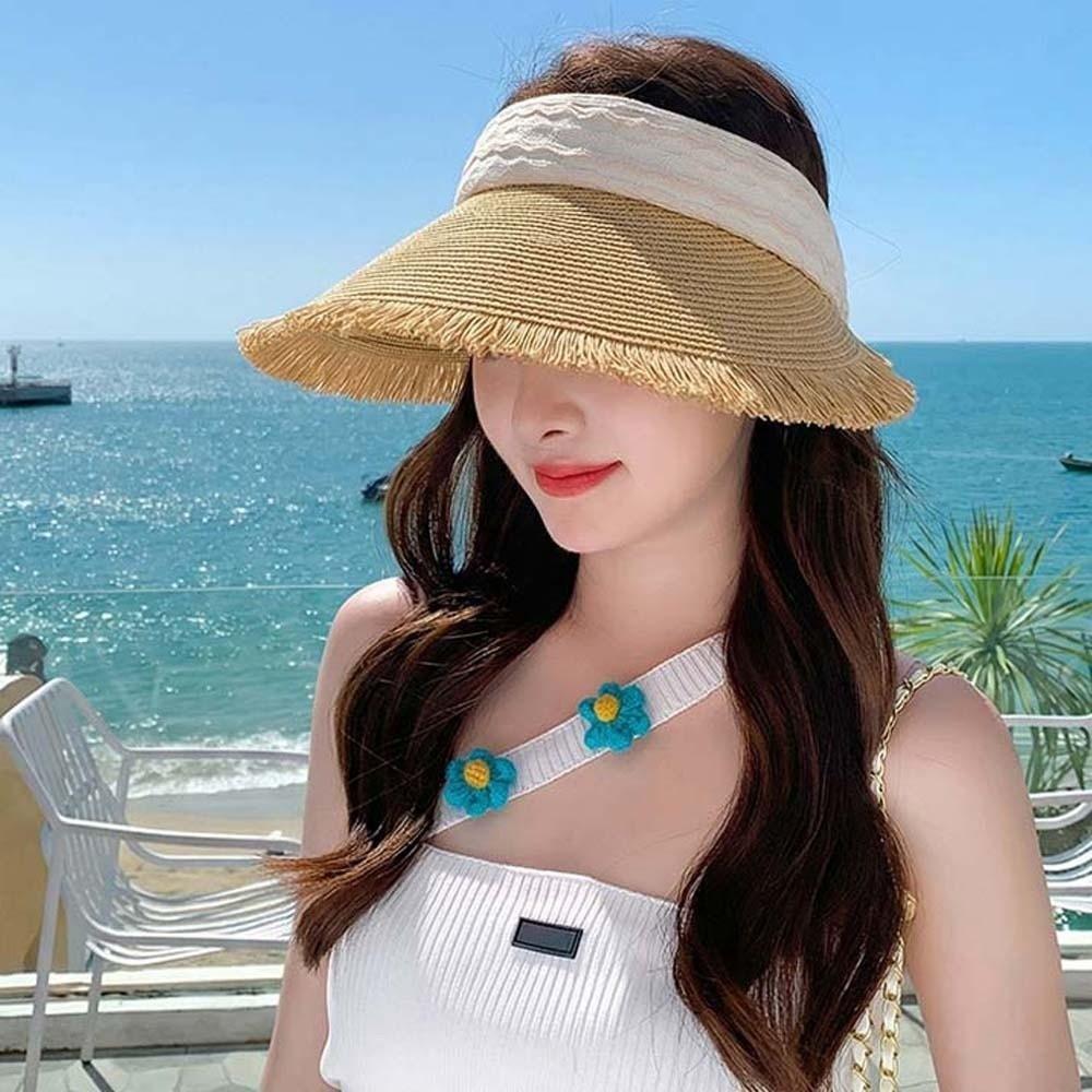 Portable Straw Visor Cap Solid Color Sunscreen Empty Top Hat Folding Sunshade Hat  Travel
