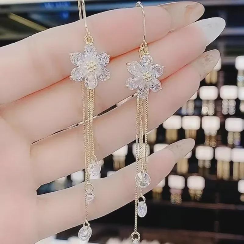 White Rhinestone Tassel Flower Earrings: Elegant Fairy Five-Petal Design