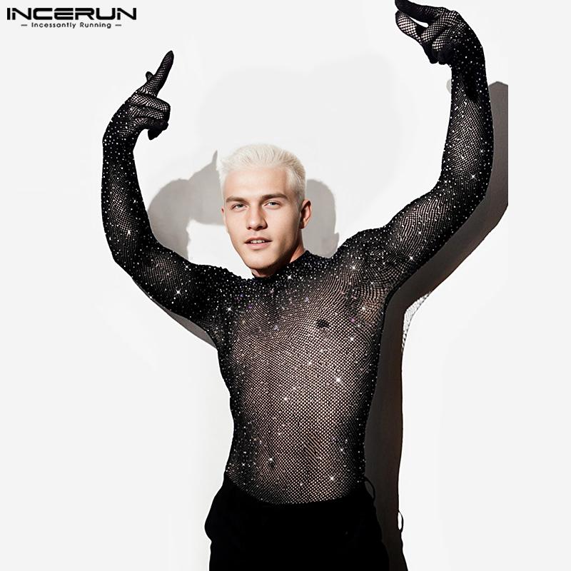 INCERUN Men Mockneck Long Sleeve Mesh Sheer Gloves Tops Slim Glitter Undershirts