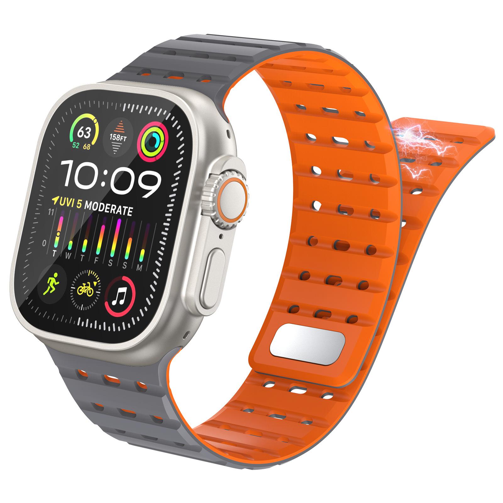 

AHASTYLE WE33 Watch Band For Apple Watch Series 10 Ultra 9 8 7 SE 6 5 4 3 2 1 46mm 49mm 45mm 44mm 42mm Magnetic Silicone Strap Grey+Orange