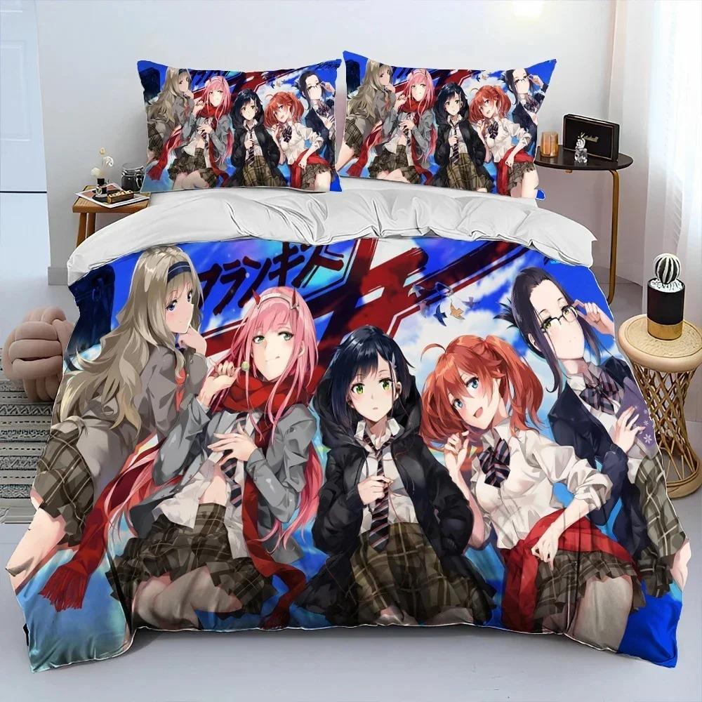 Zero Two DARLING In The FRANXX Anime Comforter Bedding Set,Duvet Cover Bed Set Quilt Cover Pillowcase,Queen Size Bedding Set Kid