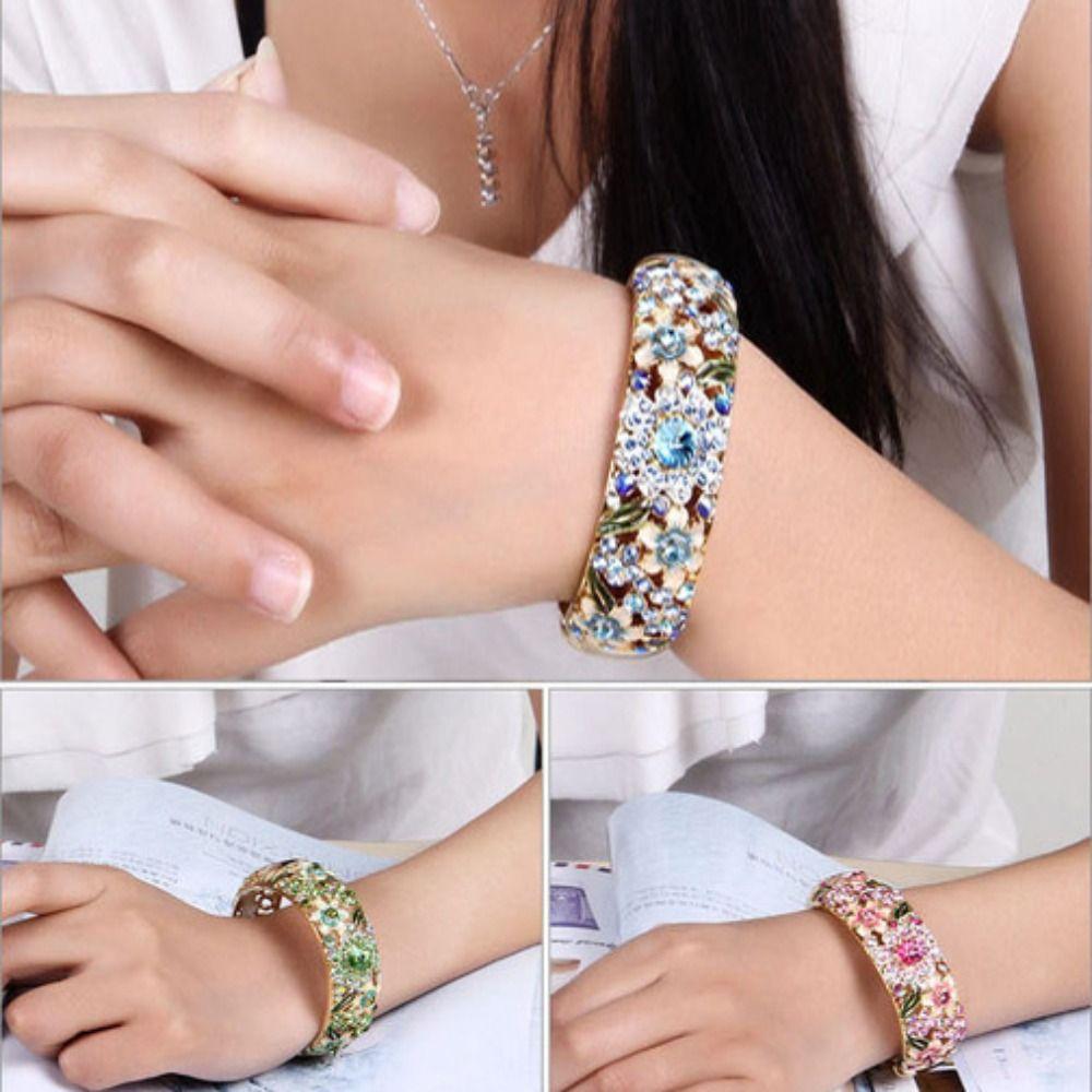 Ethnic Chinese Cloisonne Bracelet Rhinestone Women's Hand Bracelet Hollow Out Flower Bangle  Gifts