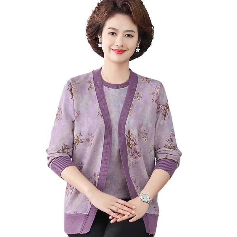 Elderly Women's Spring Knit Cardigan Two-Piece Set - Belly Covering Lightweight Jacket