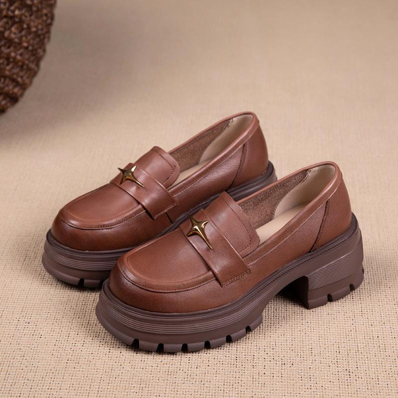 The first layer of cowhide loafers for women's spring and autumn new thick-soled casual versatile black thick-soled muffin shoes single shoes for wome