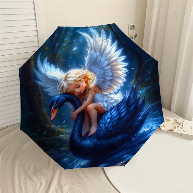 

1PC swan fairy Automatic Open/Close Umbrella with Windproof, 8-Rib Sturdy Canopy, Durable Ribs, Fashionable Design, Outdoor Accessory, Fun Prin, Holid