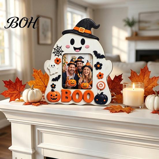 Festive Home Accents Halloween Wooden Photo Frame, Cute Ghost Pumpkin Picture Childlike Ornament Rustic Holder for Holiday Table Centerpiece