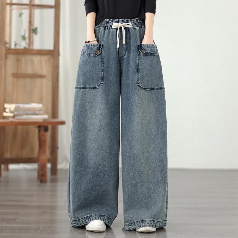 New Women s Plus Size Elastic Waist Slimming Wide-Leg Denim Pants 3XL
