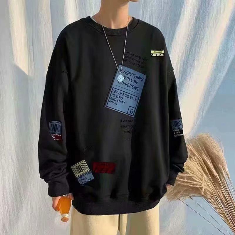 Trendy Brand Versatile Autumn American Loose Round Neck Sweatshirt Thin Men's Fashion Trendy Printed Tops Couple Wear