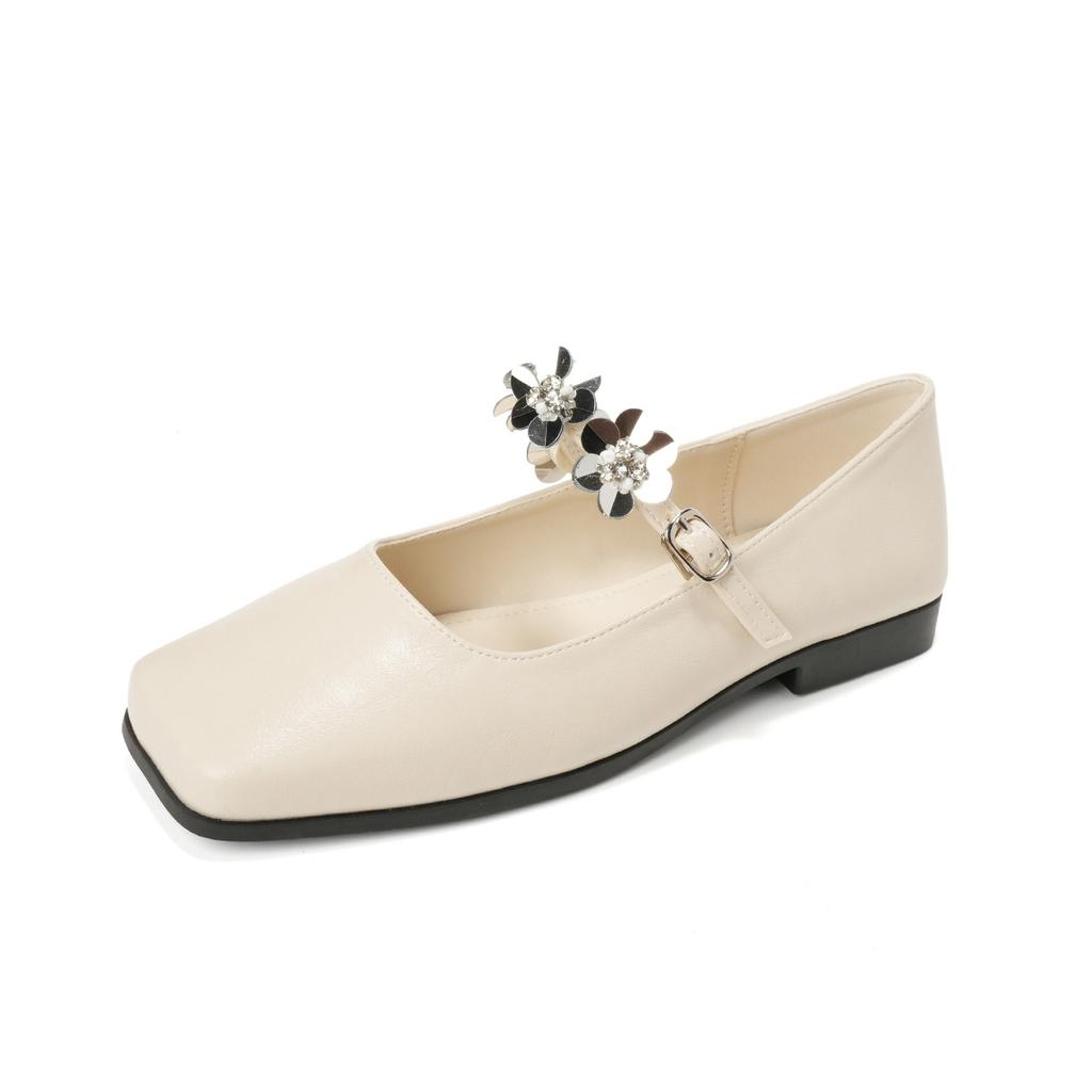 Rhinestone Silver Square Toe Pumps Women's Flat Soles with Skirt Mary Jane Shoes