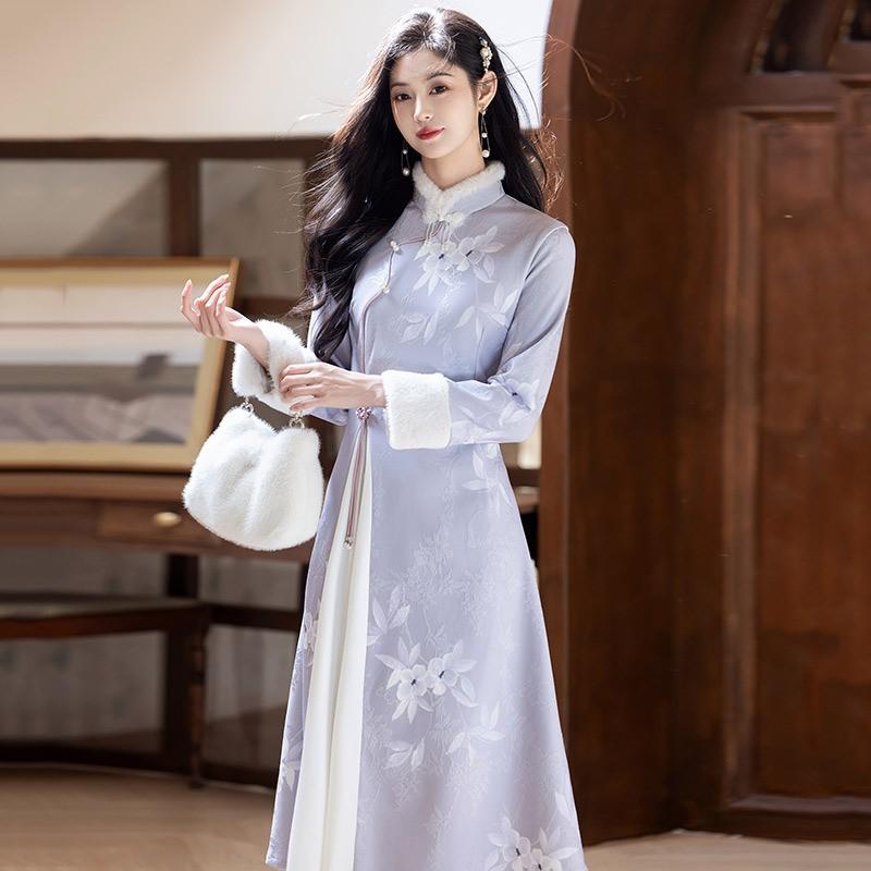 Womens Purple Velvet-Feel Brocade Lined Long Sleeve Cheongsam Dress Winter Warm Retro Style Small