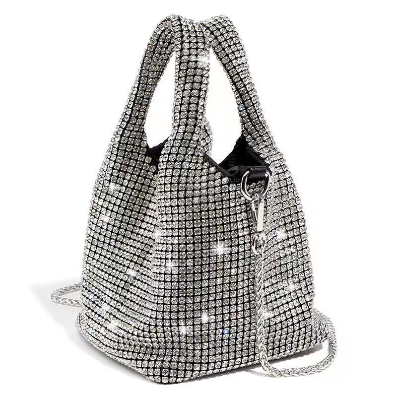 Fashion Rhinestone Small Bucket Bag for Women Sling Shoulder Crossbody Bag with Diagonal Chain Stylish Ladies Handbag