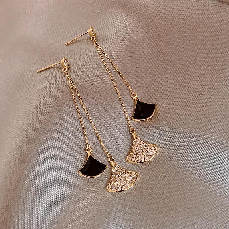 Korean Crystal Fan-Shaped Tassel Earrings In S925 Silver for Women