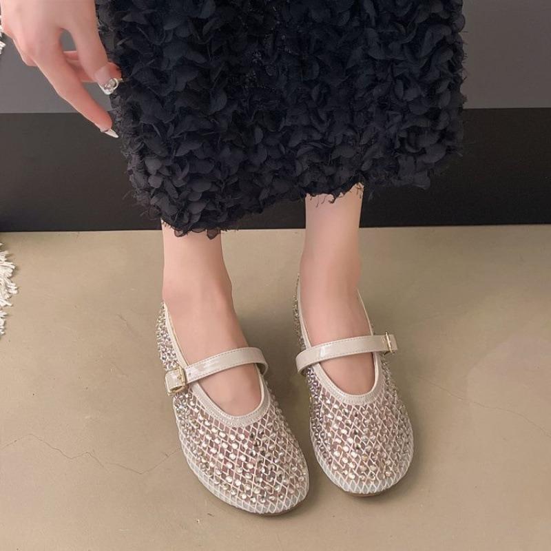 Mesh rhinestone breathable one-word buckle flat-bottomed Mary Jane shoes women's shallow mouth single shoes summer new niche ballet shoes