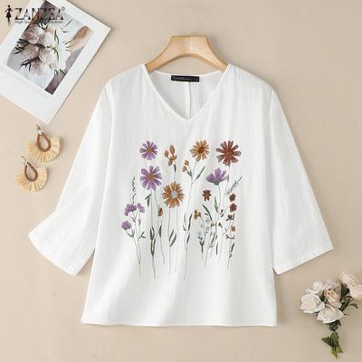 Women Floral Print Casual Round Neck 3/4 Sleeve Blouse