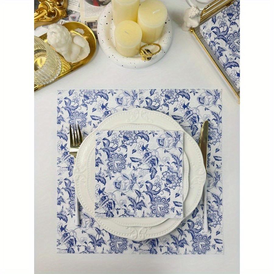 20pcs/Set Disposable Retro Blue Flower Printed Decoupage Napkins 13x13inch, Suitable for Weddings, Birthdays, Holidays