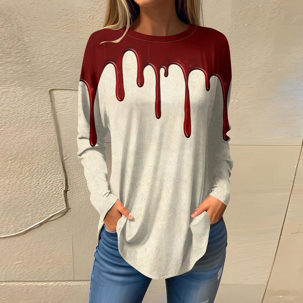Women's Loose Round Neck  Print Long Sleeve T-Shirt Top Pullover