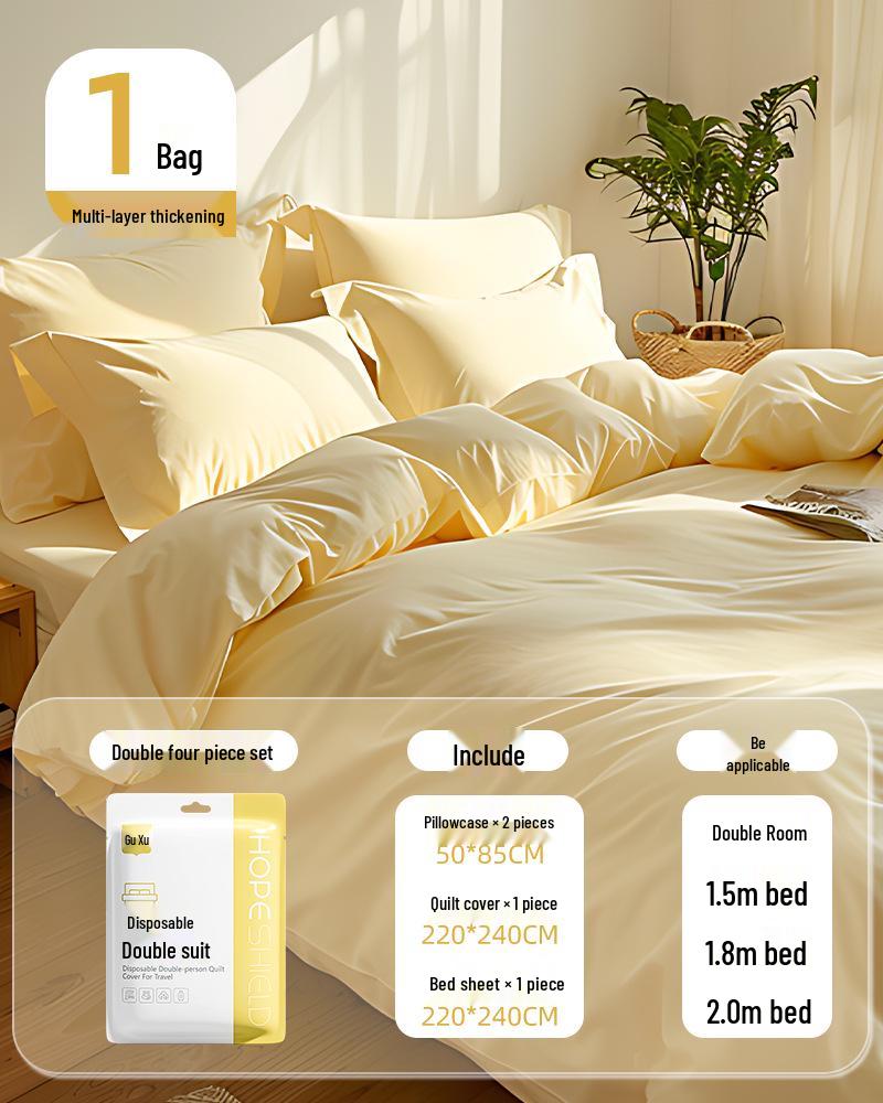 100% Baumwolle Dickes Einweg-Bettwäsche-Set: Bettlaken, Bettbezug & Kissenbezug - Tragbar, Schmutzabweisend für Hotel & Reise