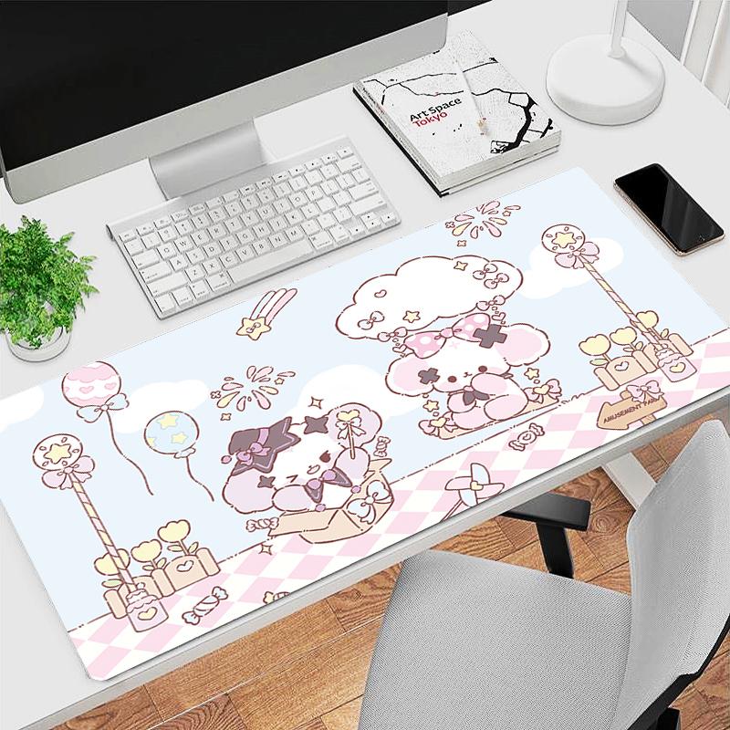 Gaming Mouse Pad Antislip Stitched Edges Pink Cute Cartoon Artwork Print Keyboard Pad for Gamer Home Office Desk Mat