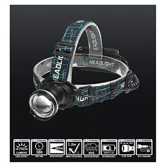 BLACKWOLF Zoom LED 750 Kompatibel mit Cree Leistungsstarkes Arbeits 18650 Akku 2166R Stirnlampe, Lumen, Wiederaufladbar, XM-L2 Zoom, Licht, Wasserdicht,