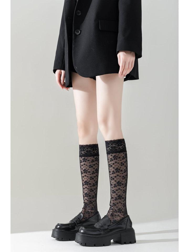 Women's Summer Thin Cotton Lace Trim Over-the-Knee Socks - Breathable Fishnet Gauze