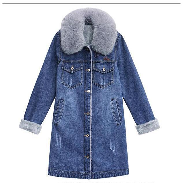 Denim Plus Velvet Jacket Women's Winter Big Fur Collar Mid-length Lamb Fleece Stitching Cotton-padded Jacket Thick Cotton-padded Jacket Women