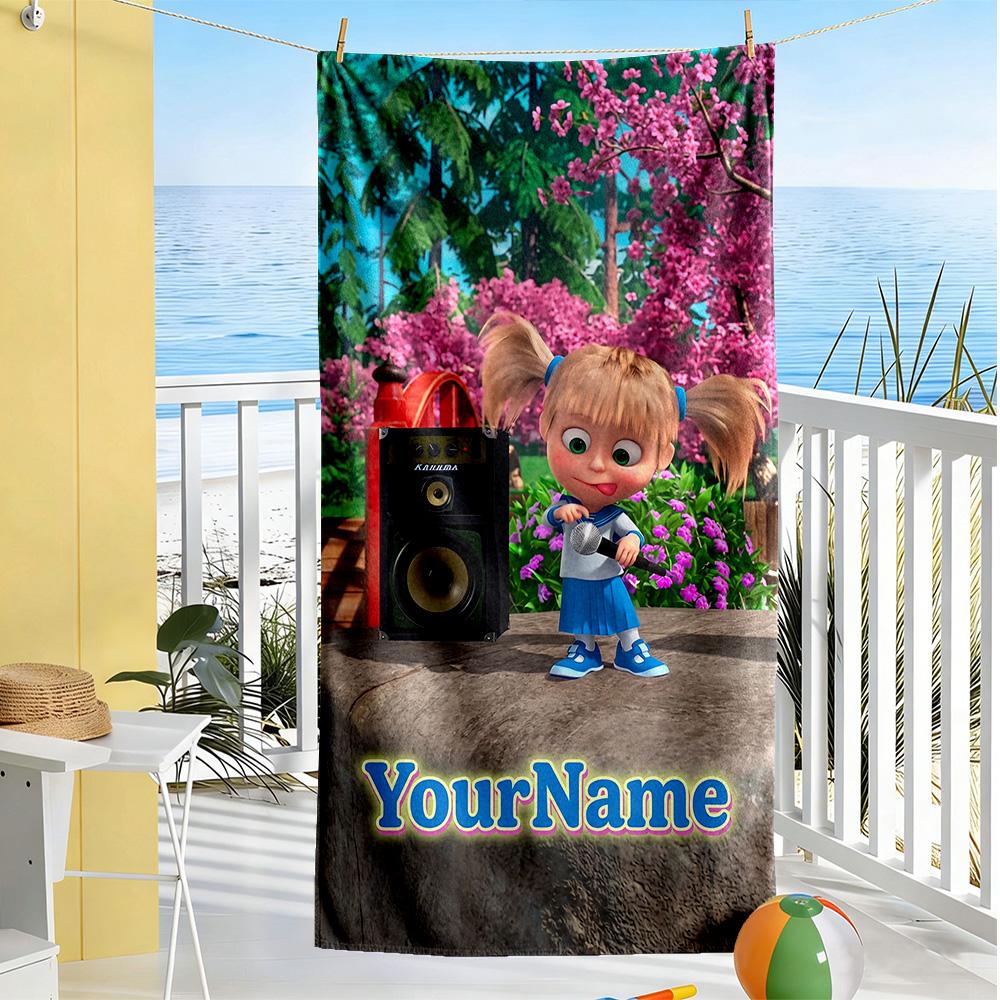 Masha Bear Personalized Name Beach Towel Super Soft Microfiber Quickdry Fabric Perfect for Traveling Yoga Camping and Swimming