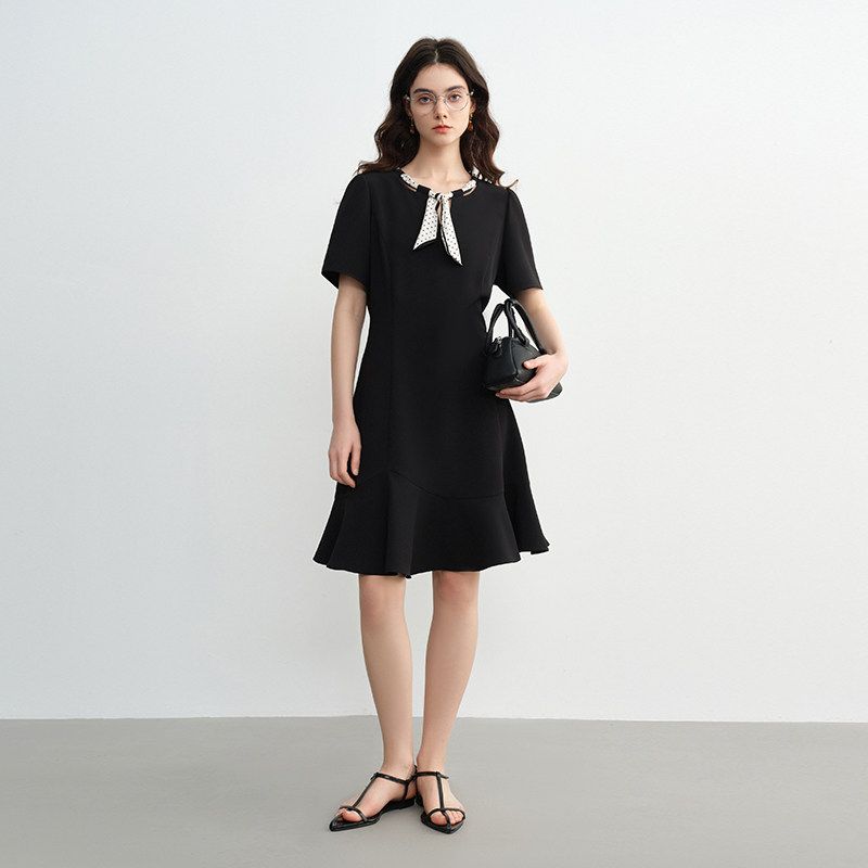 

Single Plus size Women s Wiggly Spots Dress Summer New arrival Loose-Fit Waisted Hepburn Elegant Fishtail Small Black Dress Black Plum (Short Style) 6