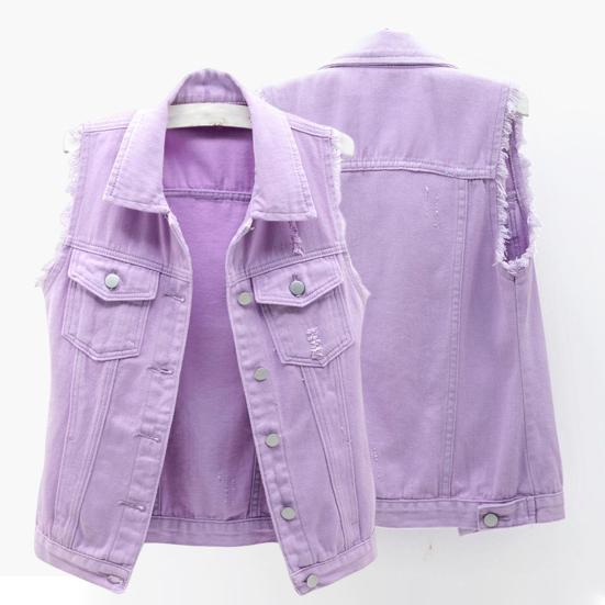 Lapel Sleeveless Single Breasted Flap Pockets Women Waistcoat Candy Color Ripped Holes Denim Vest Coat Streetwear