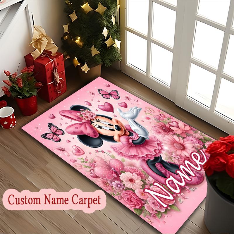 1pc Indoor Rug - Machine Washable Large Floor Mat with Minnie Mouse Pink Flowers Heart Design, Customize Name Area Carpet