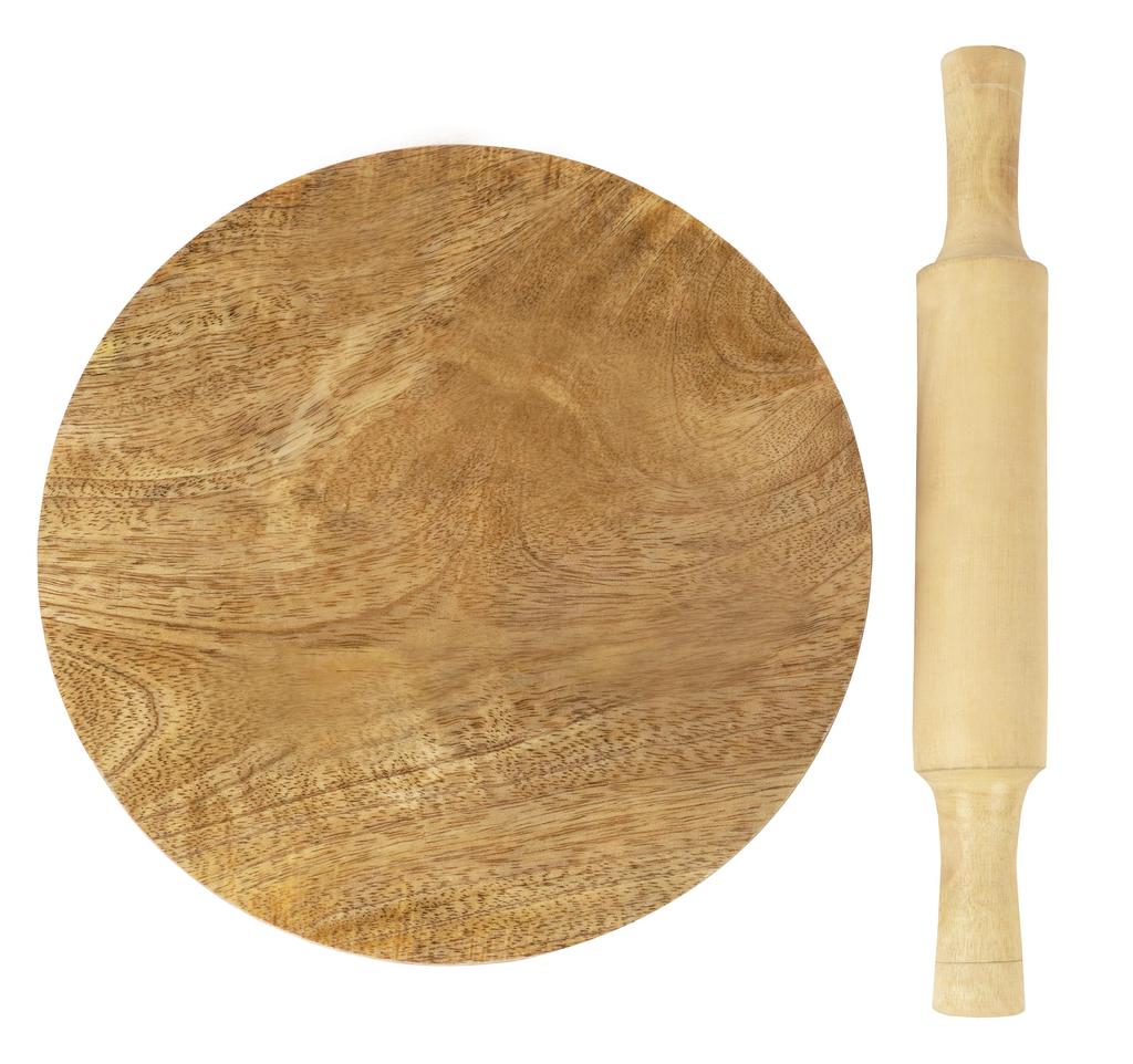 Trifri Hacedor de Roti Redondo de Madera Hecho a Mano Chakla Belan de Madera Tabla de Rodillo de Madera 21,5 cm Con Rodillo de Madera y Tabla 29,5 x 2,5