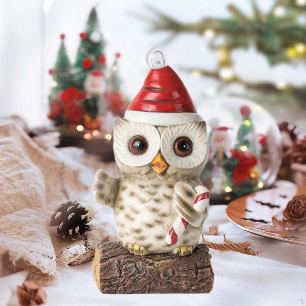 Christmas Owl Sculpture Big Eyes Statue with Light House Decor Craft Figurine for Desktop