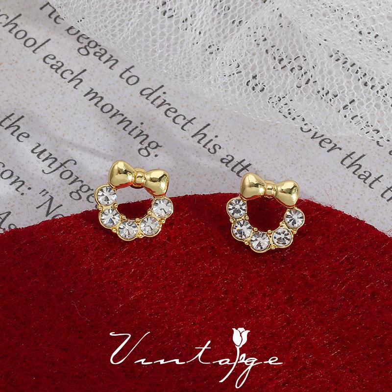 Circle bow earrings silver needle sweet zircon stud earrings women in tide niche sweet temperament earrings