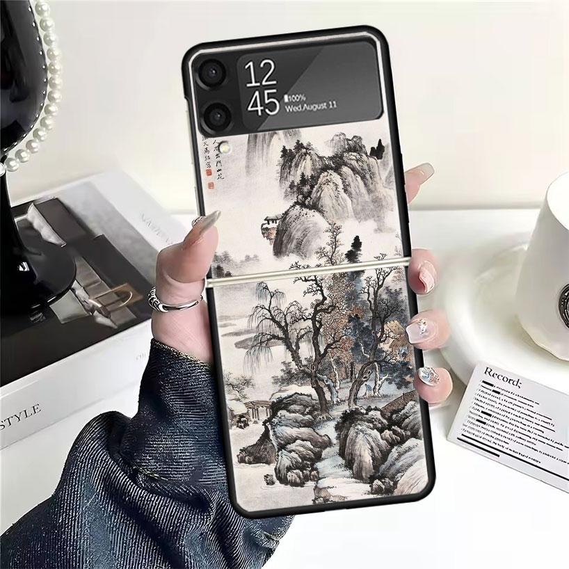 Chinese Style ink Painting Art Cases For Samsung Galaxy Z Flip 4 5 6 7 3 Z Flip7 Flip6 Flip4 Flip5 Flip3 5G Hard Shockproof Fund