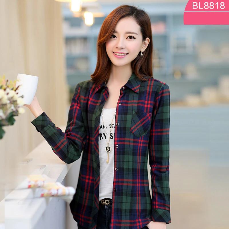 100% Cotton Women's Blouse Plaid Shirts Women's Long Sleeve Top S-5XL,Single Breaste Button Women's Shirt With Chest Pockets