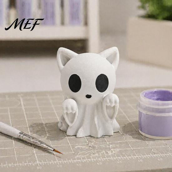 Handmade Graffiti Toy Halloween Ghost Cat Statue, 3D Printed Ornament, White DIY Painted Figurine Cute for Home Office Desk Decoration Craft Kit