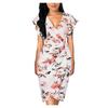 Women's Floral Print Dress Sexy V Neck Ruffle Sleeves Faux Wrap Ruched Bodycon Dress