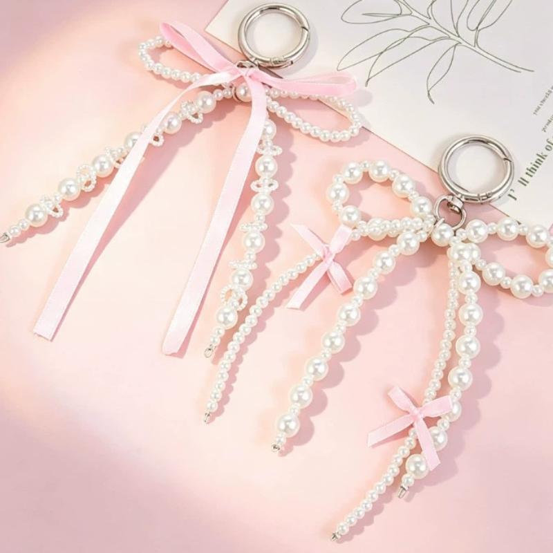 Kawaii Pearl Bow Keychain Lovely Heart Pendant Keyring Stylish Bag Accessory Perfect for Girls Daily Use Gift