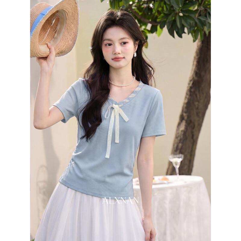 Lu Xiangnan Women s Blue V-Neck Short Sleeve T-Shirt S