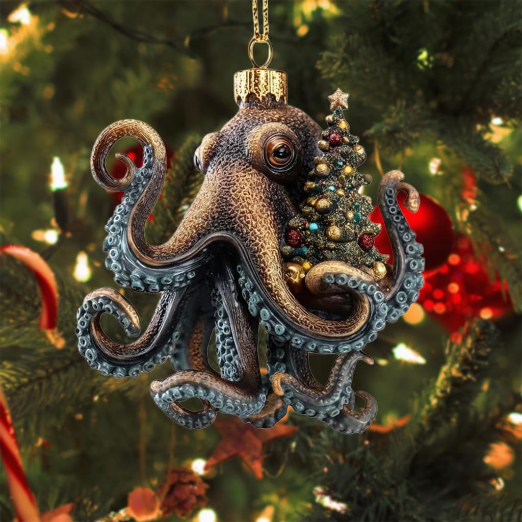 Christmas Octopuses Acrylic Ornament W/ Metallic Hanging Cord Ocean Sea Octopuses Acrylic Hanging Decor for Marine Lovers Divers