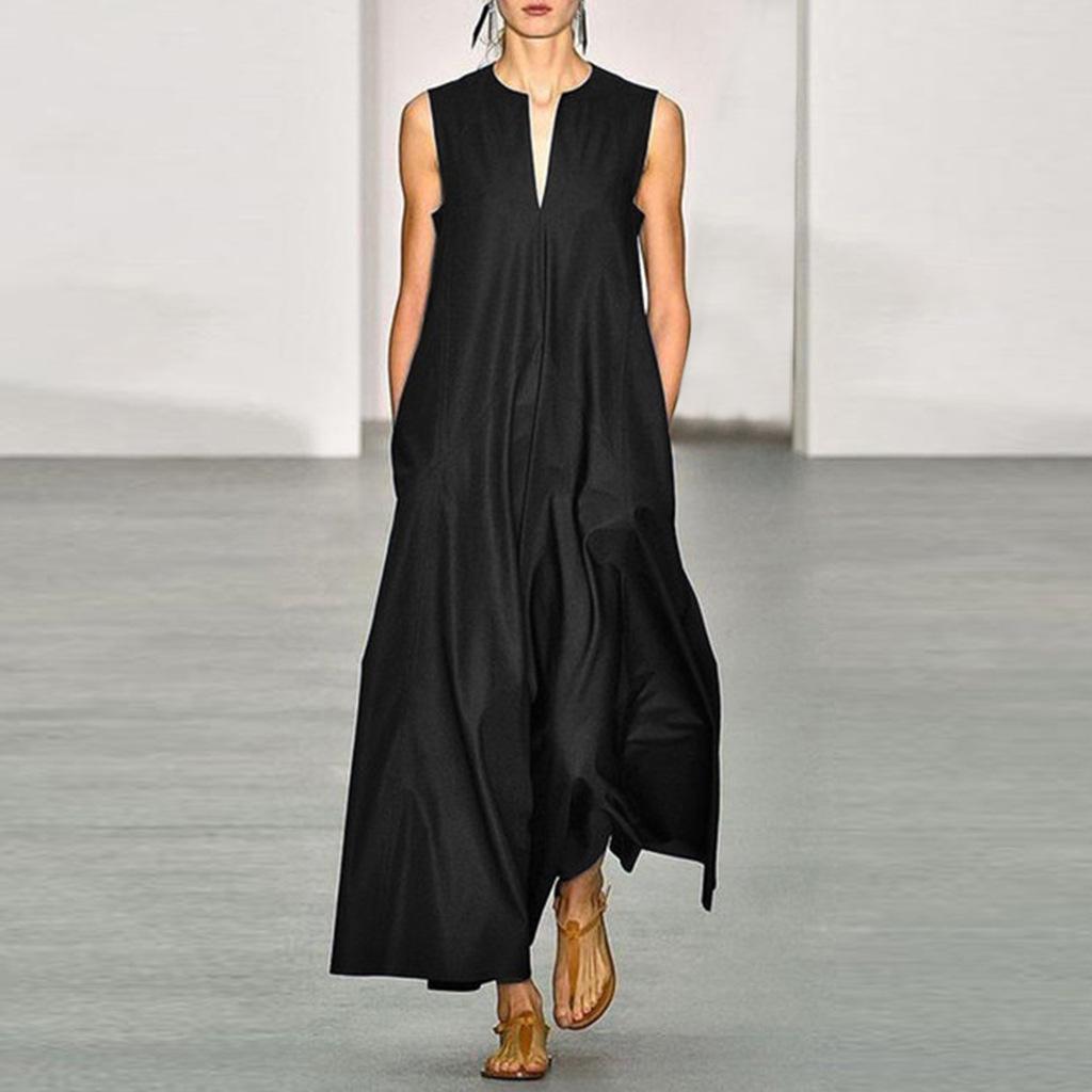Fashion Deep V Neck Solid Color Sleeveless Long Dress Comfortable Breathable High Recognition Elegant Slimming Flattering Fit