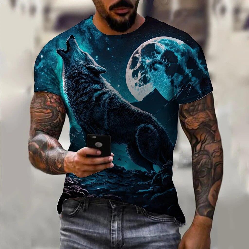 Vintage trička pro muže 3D tisk Moonlight Wolf Tops Krátký rukáv Oversized Tričko Hip Hop Trička s výstřihem Pánské Oblečení Košile