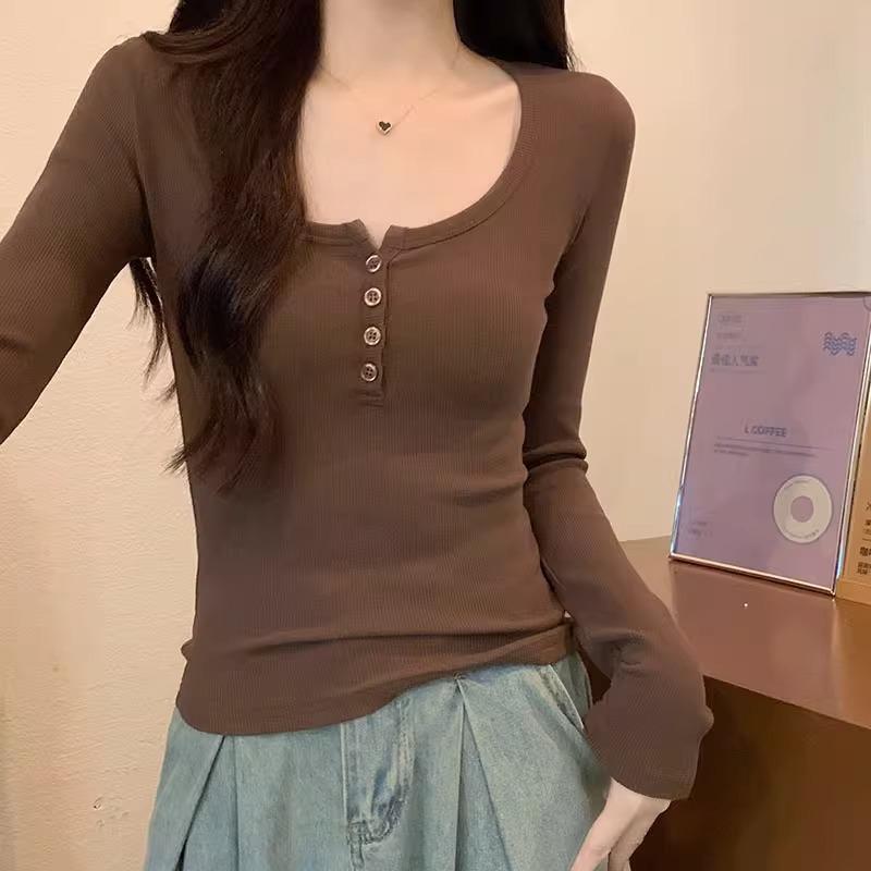 U-neck Right Shoulder Short Long-sleeved T-shirt for Women In Autumn New Gray Simple and Versatile Pure Lust Hot Girl Style Bottoming Shirt Top