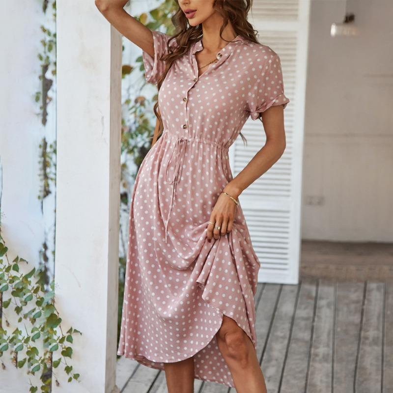 Women's Polka Dot Dress Summer Hundred with Shirt Collar Swing Dress