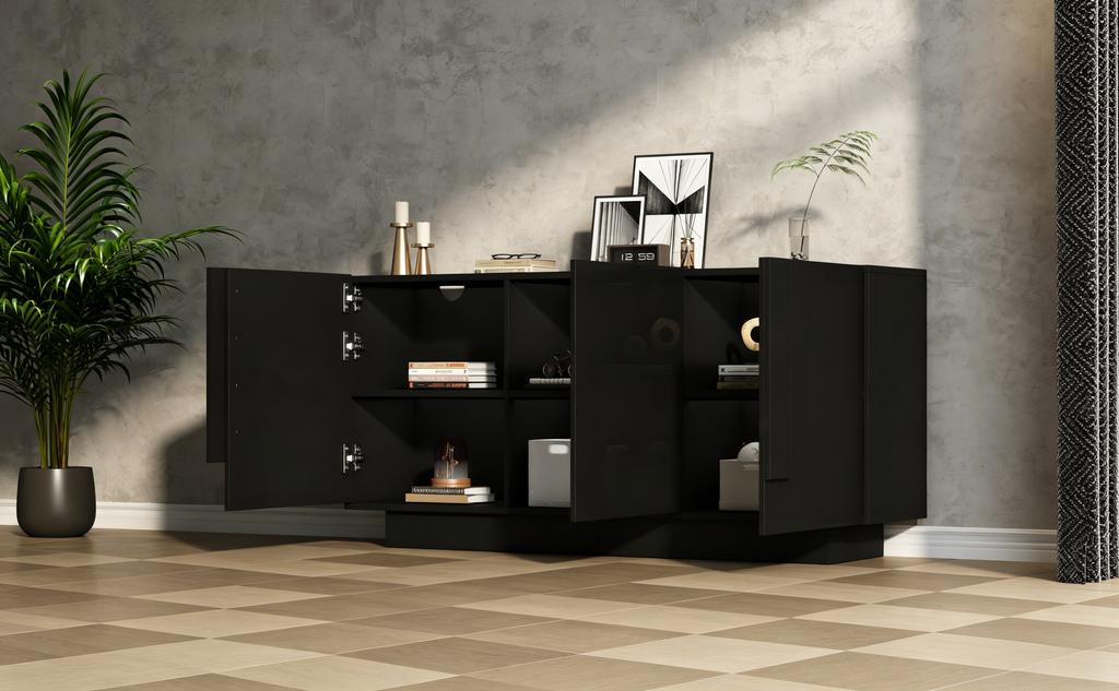 Wohnzimmer Sideboard (35 x 160 x 60 cm), Schrank mit 3 Türen, Hochglanz-Stauraum, 6 Regalfächer, Breit, Schwarz, Spanplatte, Leicht zu reinigen