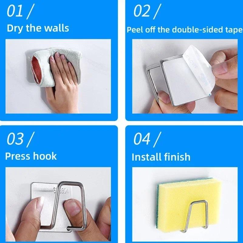 1pcs Kitchen Sponges Holder Stainless Steel Sink Sponges Drain Drying Rack Self Adhesive Storage Holder Hooks Bathroom Organizer
