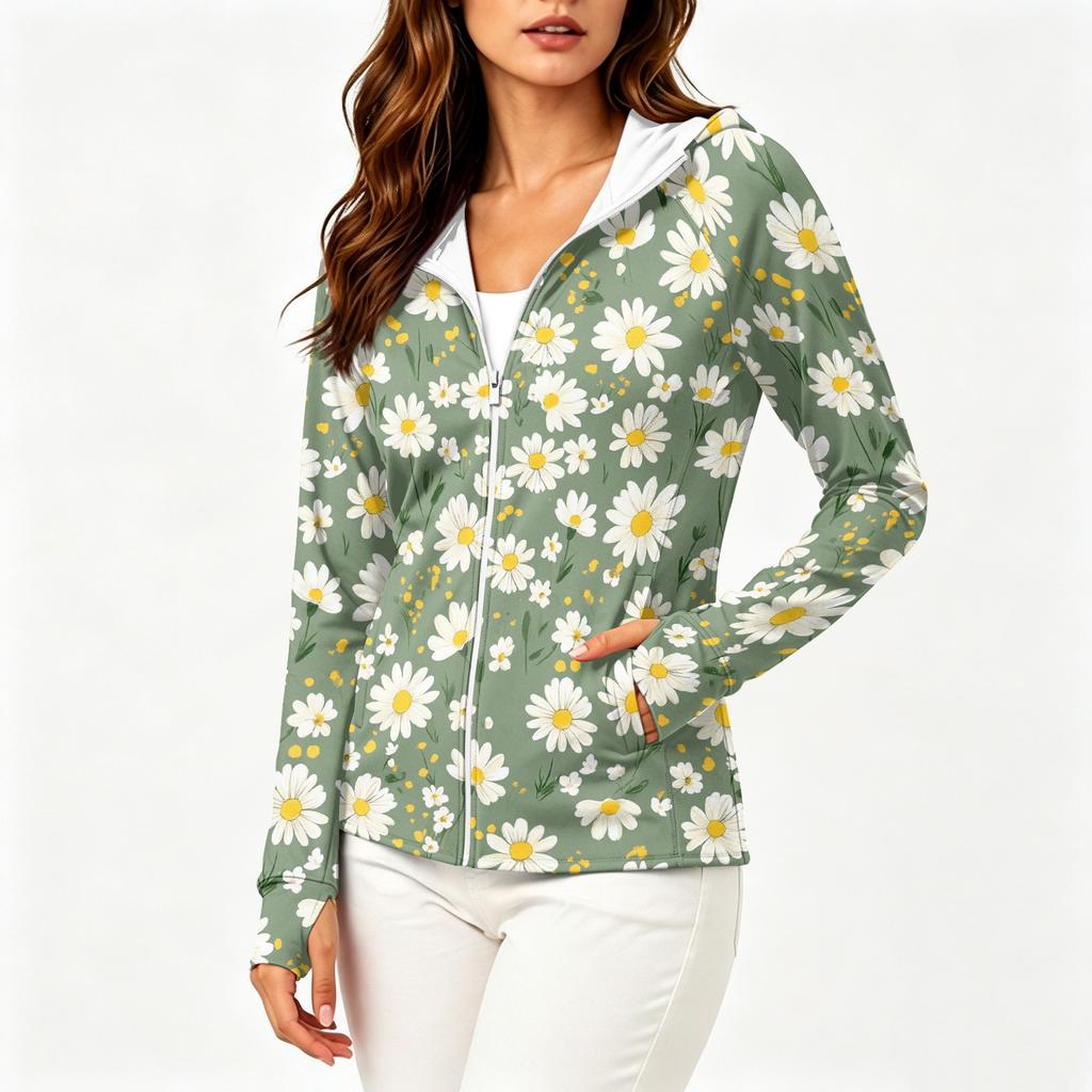 Women's Long Sleeve Hooded Sun Protection Jacket with Zipper Pockets Floral Print Lightweight Outdoor Layering Top