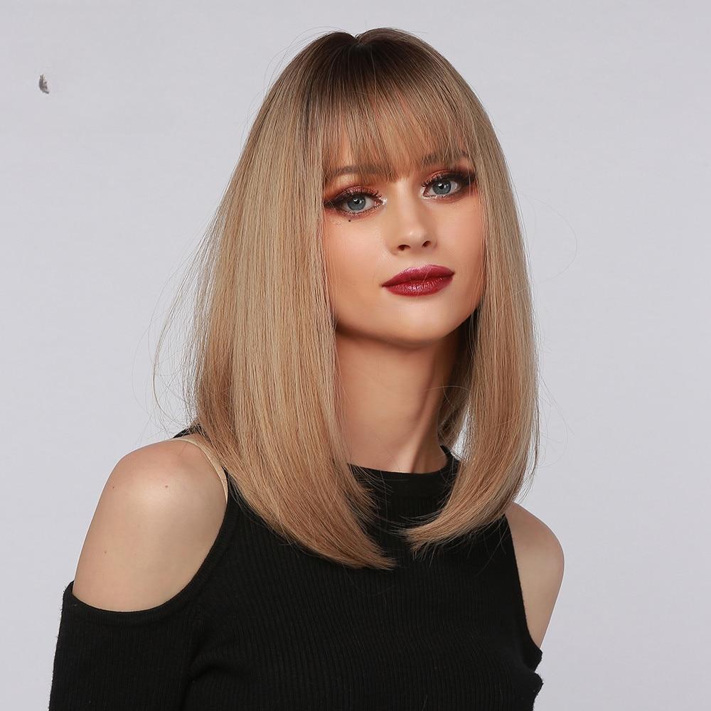 Long Straight  Dark Root Brown Bob Hair Wigs with Bangs for Women  Daily Party Use KTB