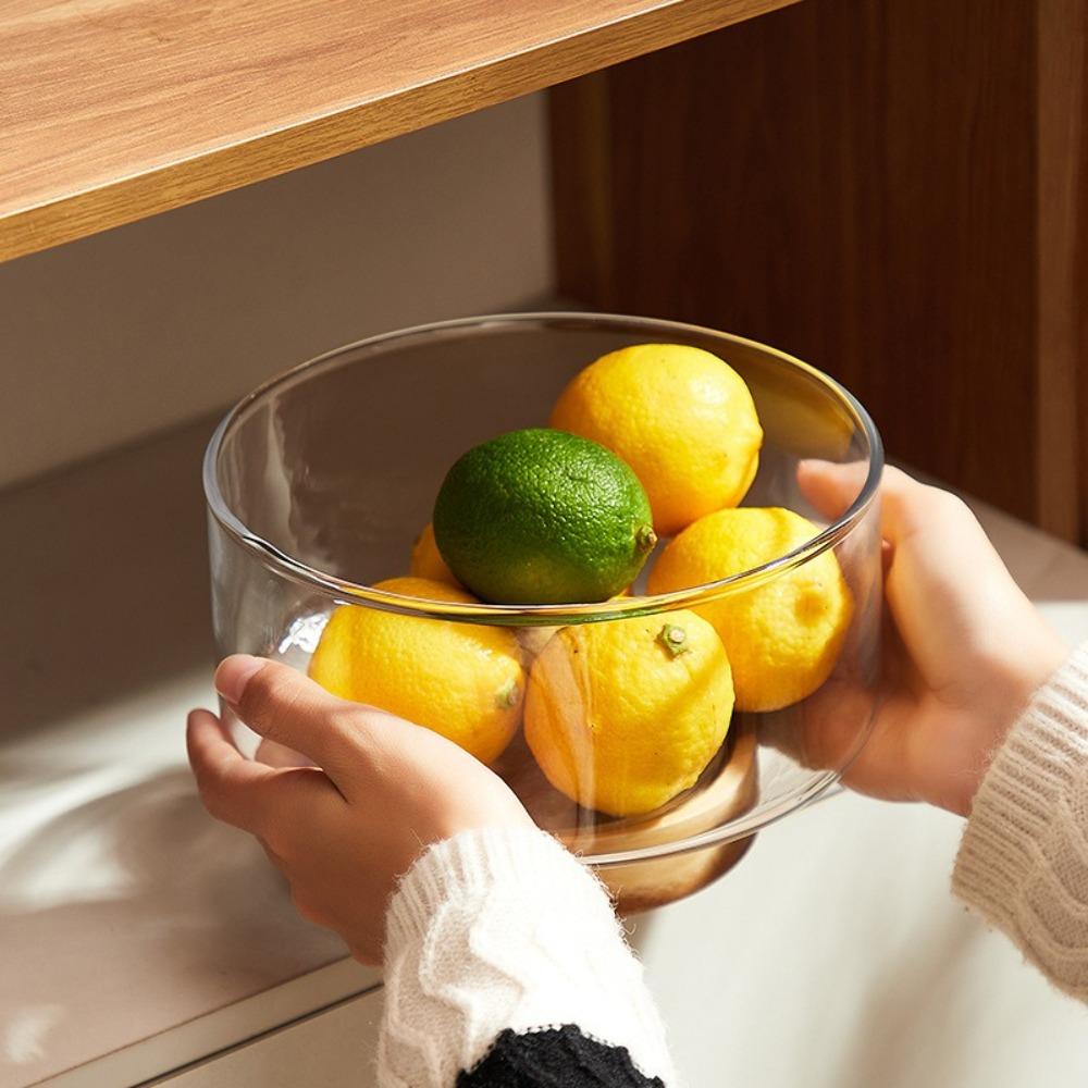 Wood Base Glass Fruit Bowl Transparent Glass Snack Storage Bowl Creative Salad Bowl Party