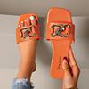 Fashion 2025 New Style Slippers with a Heart-shaped Square Toe, Large-sized Flat Bottom, Metal Buckle, One-shoulder Casual Beach Sandals