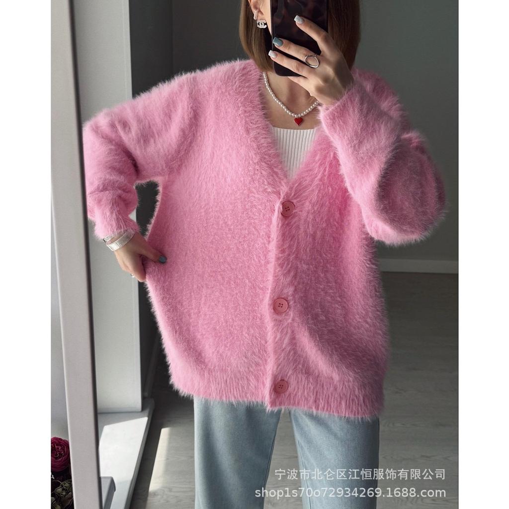 Knitted Cardigan for Women In Autumn, Loose V-neck Faux Mink Sweater, Soft and Thick Top